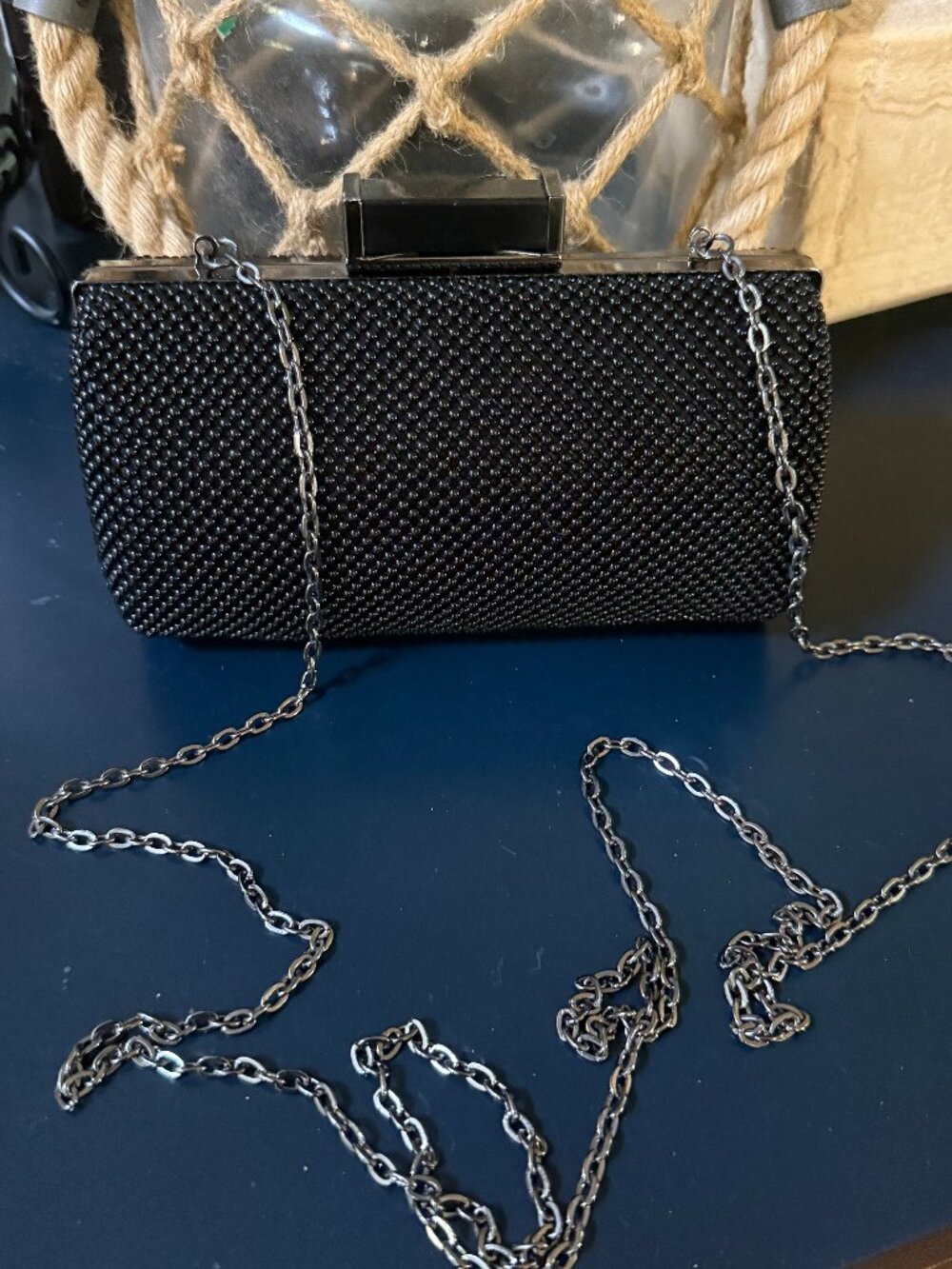 Jessica McClintock Black Mesh Beaded Clutch